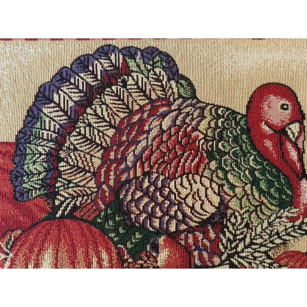 Fall/Harvest/Thanksgiving Woven‎ Tapestry Table Runner 72x13 Turkey Pumpkins EUC